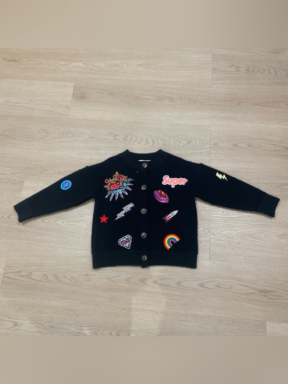 Hannah Black Cardigan Sweater with Colorful Patches